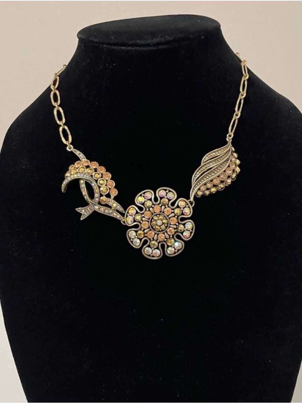 Allison Reed Statement Necklace Antique Gold Chain Flower Aurora Borealis Pink